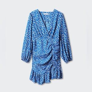 MNG Mango Blue Ruched Mini Dress V-Neck Long Sleeve Ruffle Hem Wrap Style 4